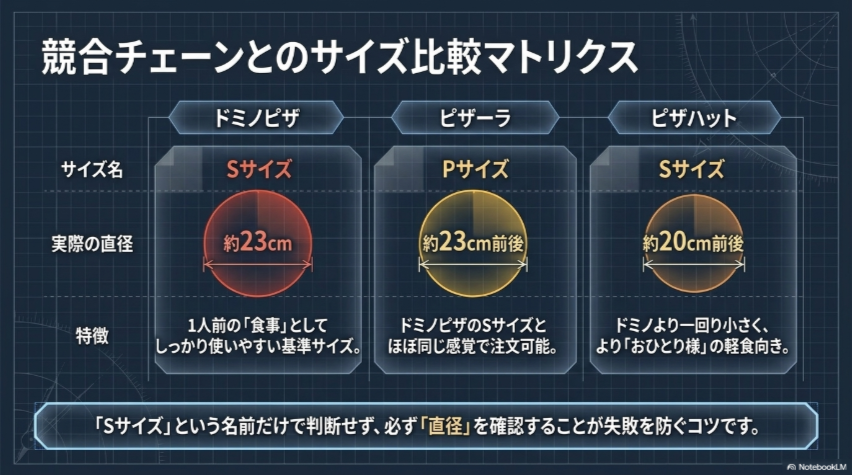 ドミノピザSサイズ、ピザーラPサイズ、ピザハットSサイズの直径と特徴を比較したスライド