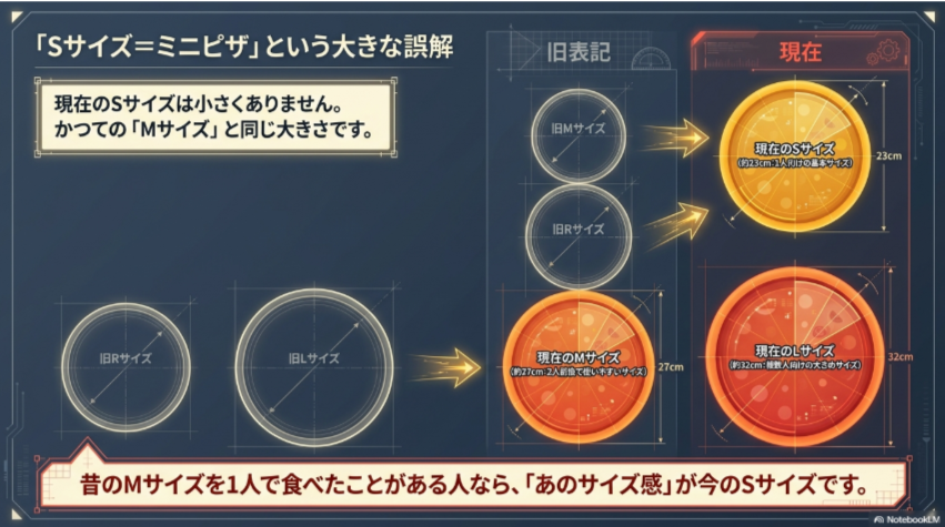 ドミノピザの旧Mサイズ・旧Rサイズ・旧Lサイズと現在のS・M・Lサイズの対応関係を示した比較スライド