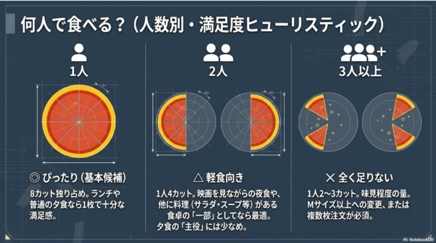 ドミノピザSサイズを1人、2人、3人以上で分けた場合の満足度と量の目安を比較したスライド