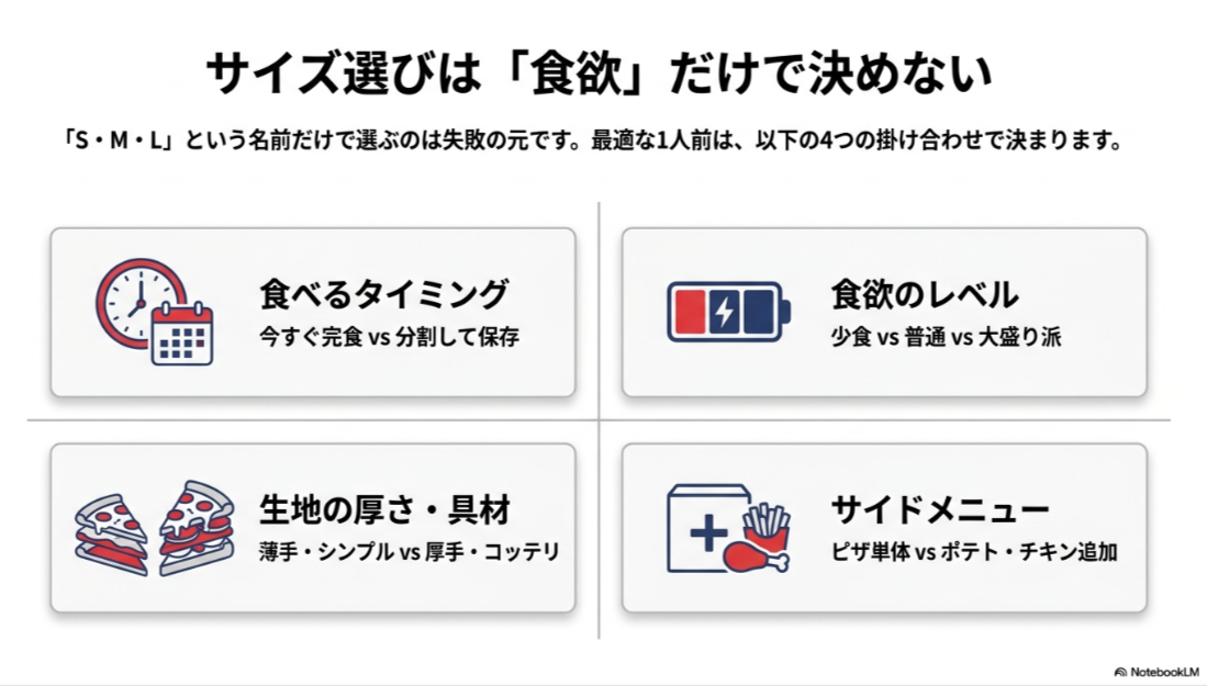 食べるタイミング、食欲、生地と具材、サイドメニューからドミノピザの1人前サイズを選ぶ4条件