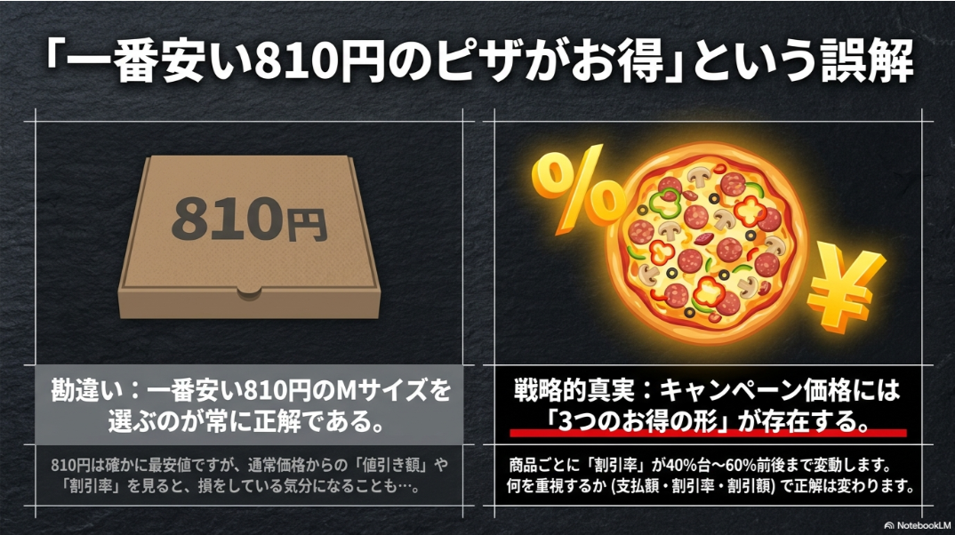 ピザハットのハットの日は810円が最安でも割引率や割引額によってお得な商品が変わることを示す図
