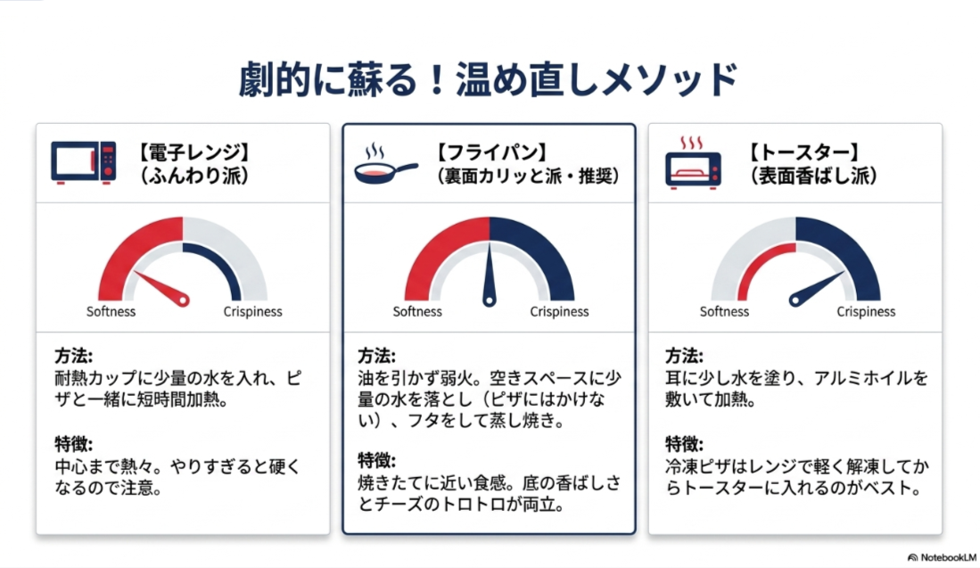 電子レンジ、フライパン、トースターでピザを温め直したときの食感と方法を比較した図