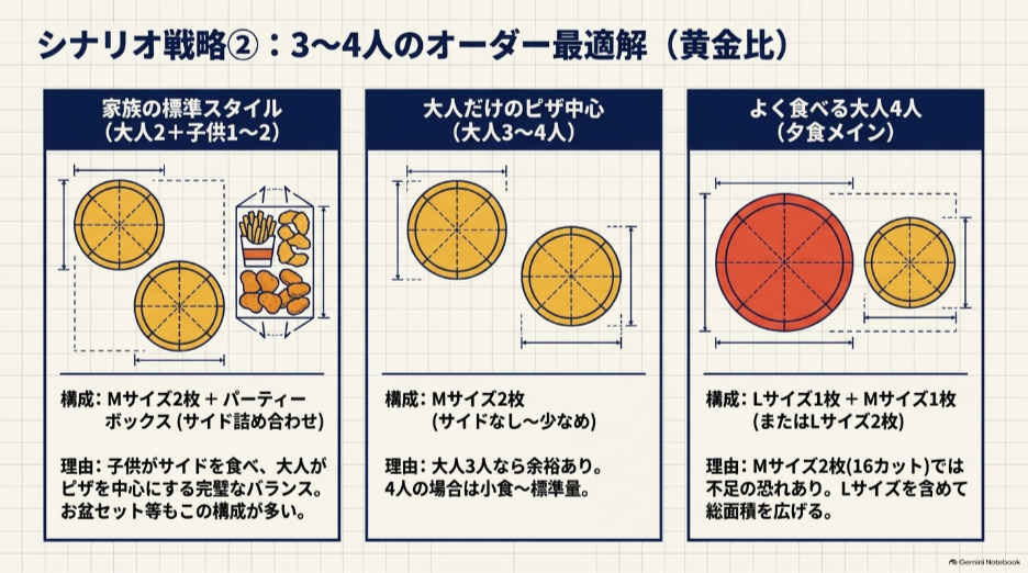 ドミノピザを3〜4人で食べる場合の家族・大人中心・よく食べる大人向けサイズ構成