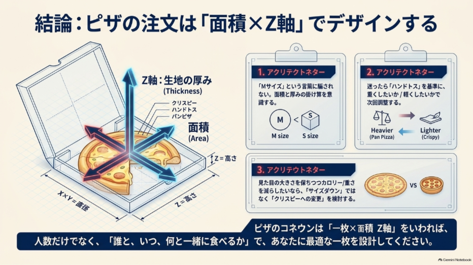 ピザの面積と生地の厚みを二つの軸にして最適なサイズとクラストを選ぶ考え方をまとめた図