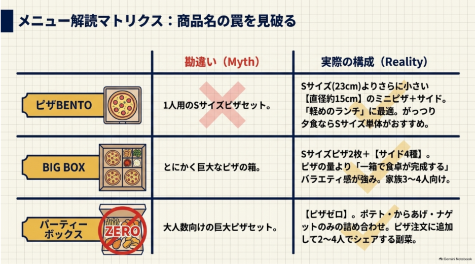 ドミノピザのピザBENTO・BIG BOX・パーティーボックスの内容と人数目安の違いを比較