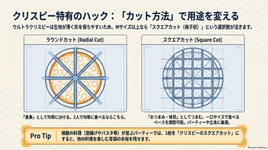 ウルトラクリスピーのラウンドカットとスクエアカットの形や食べ方の違いを示した比較図