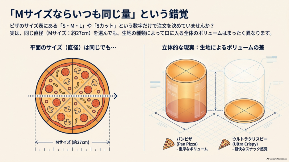 同じ直径約27cmのMサイズでもパンピザとウルトラクリスピーでは厚みとボリュームが異なることを示した比較図