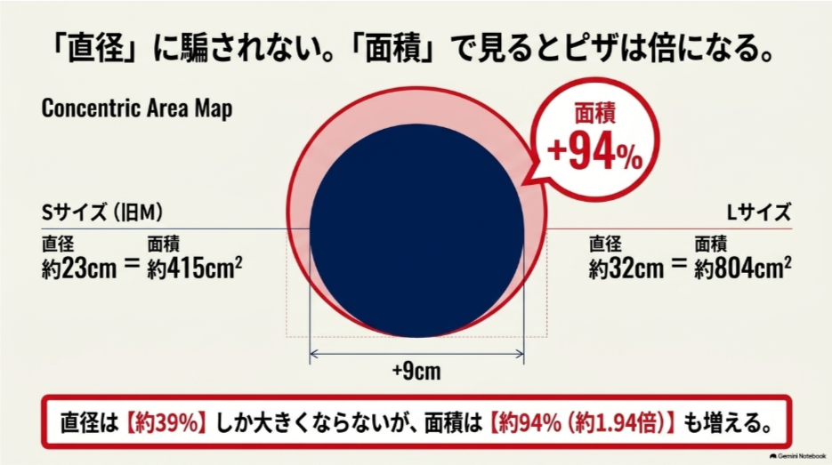 ドミノピザSサイズ約23cm・415平方cmとLサイズ約32cm・804平方cmの面積差を比較