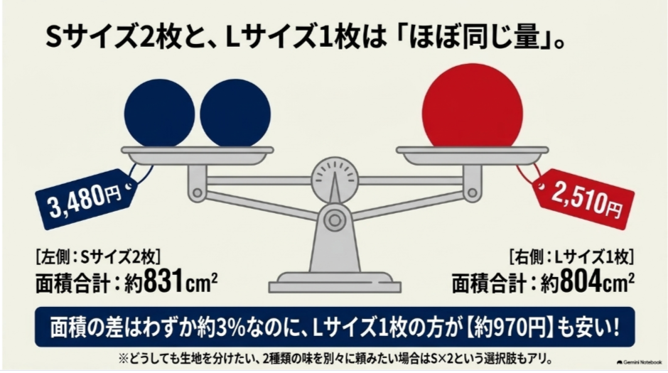 ドミノピザSサイズ2枚とLサイズ1枚は面積がほぼ同じでもLサイズ1枚の方が約970円安いことを比較