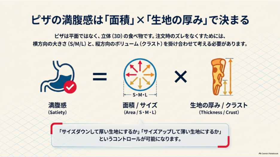 ピザの満腹感はS・M・Lの面積とクラストの厚みを掛け合わせて考えることを示した図