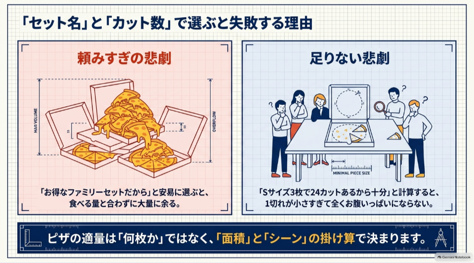 ドミノピザはセット名やカット数だけでなくピザの面積と食事シーンを考えて量を選ぶことが重要