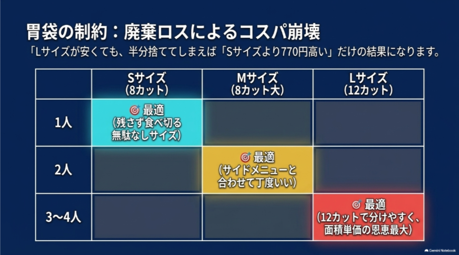 ドミノピザを1人ならS・2人ならM・3〜4人ならLを基本に食べ切れる量から選ぶ目安