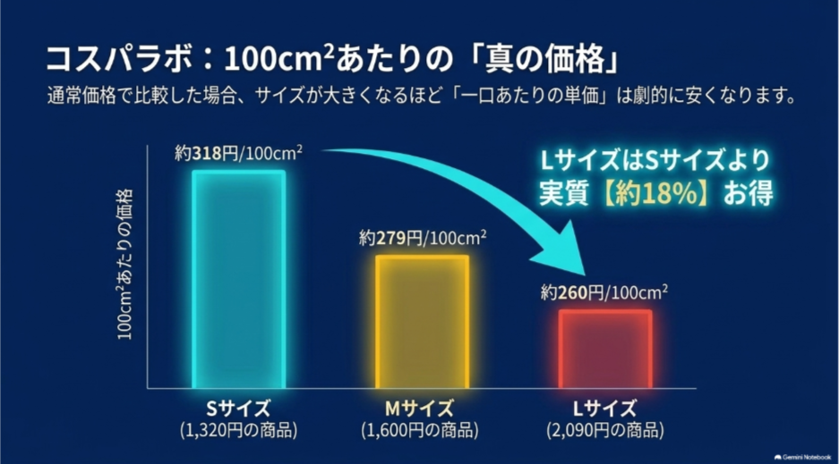 ドミノピザS・M・Lサイズの100平方cmあたりの価格を比較しLサイズが約260円で最も安いことを示すグラフ