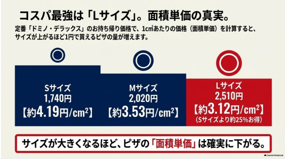 ドミノピザの持ち帰り価格を面積単価で比較しLサイズが約3.12円毎平方cmで最も割安になることを示した図