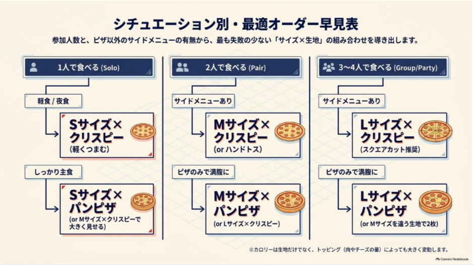 1人、2人、3～4人の人数とサイドメニューの有無からおすすめのサイズと生地を選べる早見表