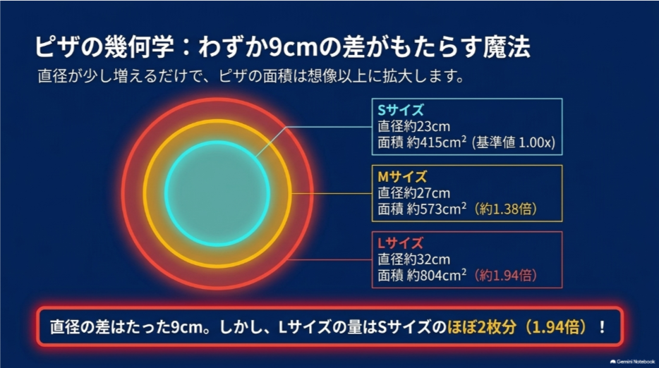ドミノピザのS23cm・M27cm・L32cmを面積で比較しLサイズがSサイズの約1.94倍になることを示した図