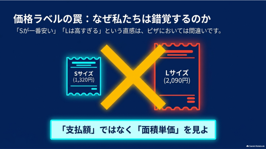ドミノピザのSサイズ1320円とLサイズ2090円を比較し支払額ではなく面積単価を見る重要性を示した図