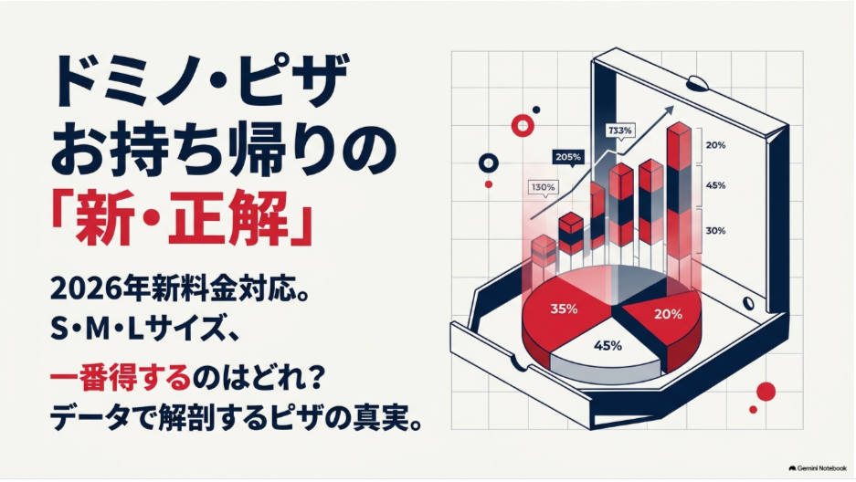 ドミノピザの2026年持ち帰り新料金とS・M・Lサイズのどれがお得かを比較したスライド