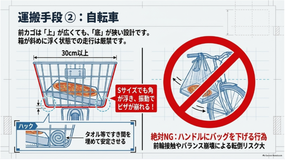 自転車の前カゴでは底面寸法とすき間対策を確認し、ピザバッグをハンドルへ下げないよう注意を促す