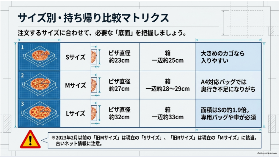 ドミノピザのS・M・Lサイズについて、ピザの直径、箱の一辺、持ち帰り時の注意点を比較した一覧