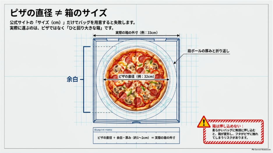 直径約32cmのピザに対して箱の一辺が約33cmとなり、周囲に余白が必要なことを示す図
