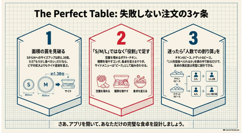 ピザの面積差、サイドメニューの役割、人数によるピース数の割り算という注文の3つのポイントをまとめた図