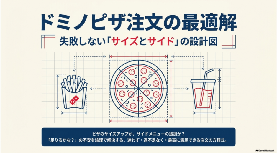 ドミノピザのピザ・ポテト・ドリンクを図解し、サイズアップとサイド追加の考え方を示した表紙
