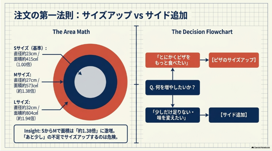 ピザのS・M・Lの面積差と、ピザを増やすかサイドを追加するかの判断フローを示した図