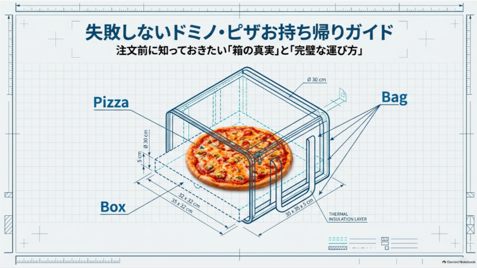 ドミノピザのピザ、箱、持ち帰りバッグの寸法関係を示したお持ち帰りガイド