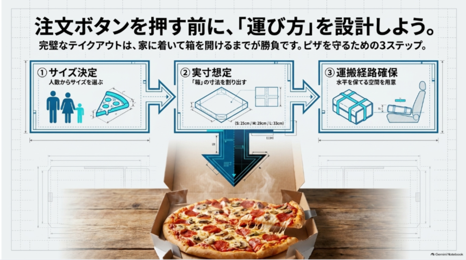 注文人数に合うサイズを決め、箱の実寸を想定し、バッグや車などの運搬方法を確保する3ステップ