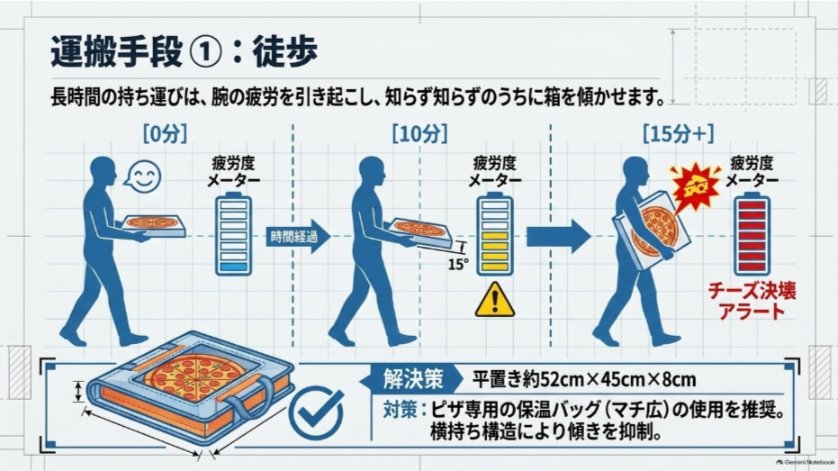 徒歩でピザ箱を運ぶ時間が長くなると腕が疲れ、箱が傾いてチーズが崩れやすくなることを示す図