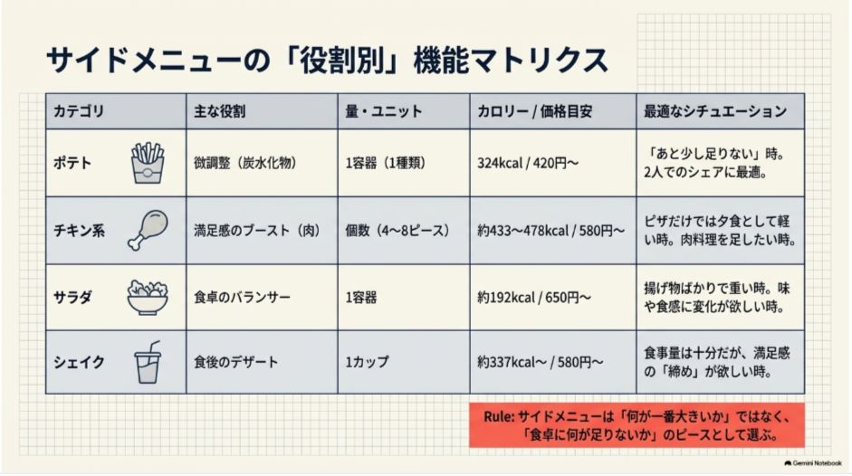 ポテト・チキン・サラダ・シェイクの役割、量、カロリー、価格目安、向いている場面を比較した表