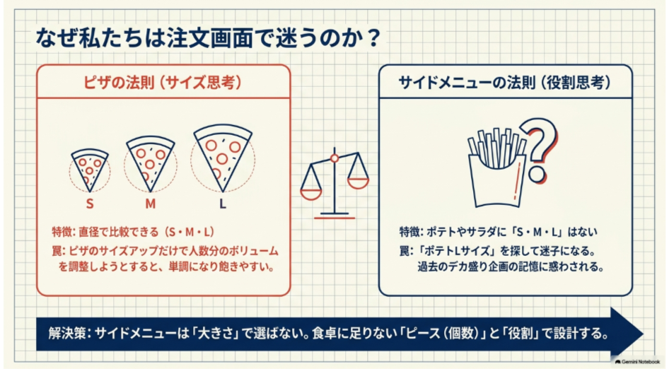 ピザはS・M・Lのサイズで考え、サイドメニューは個数や役割で選ぶ違いを比較した図