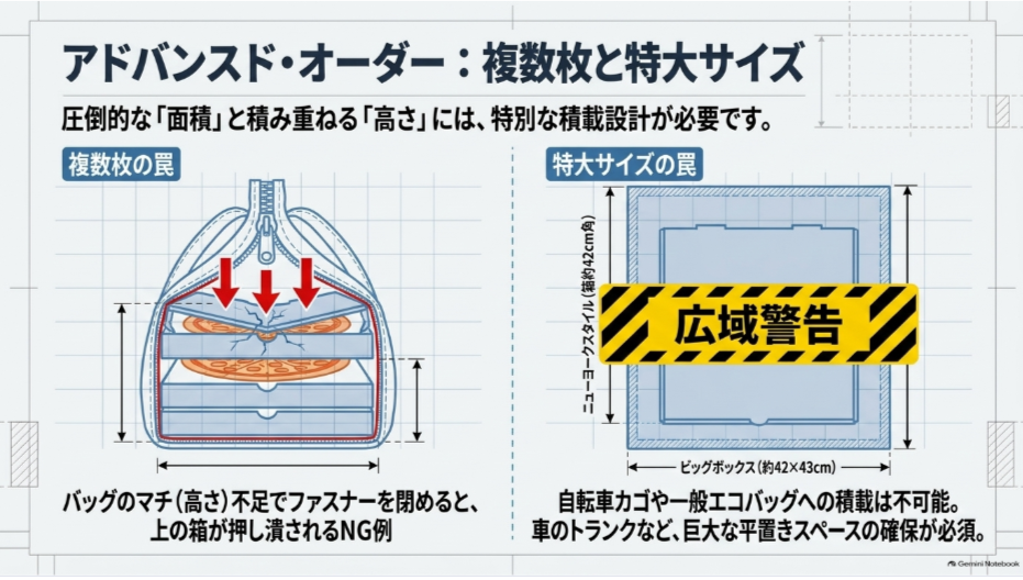 複数のピザ箱ではバッグの高さが必要で、約42cm四方のビッグボックスなどは自転車や小型車への積載が難しいことを示す図