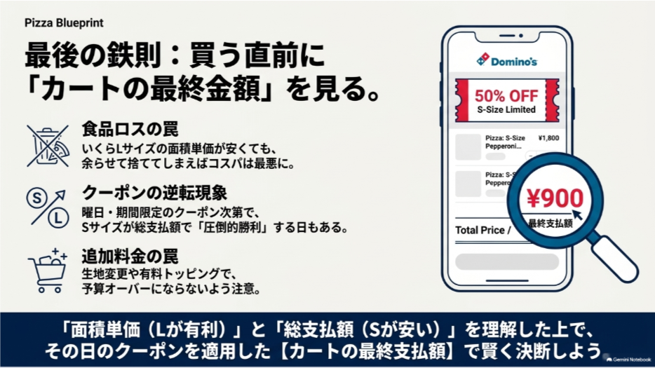 ドミノピザのサイズ選びでは食品ロスやクーポン、追加料金を考慮してカートの最終支払額を確認することを示した図