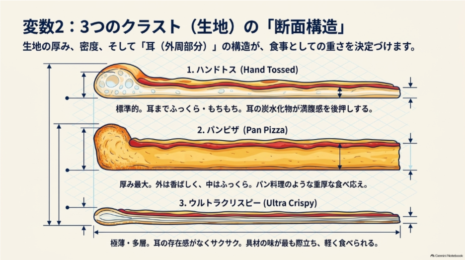 ドミノピザのハンドトス、パンピザ、ウルトラクリスピーの厚みと耳の構造を比較した断面図