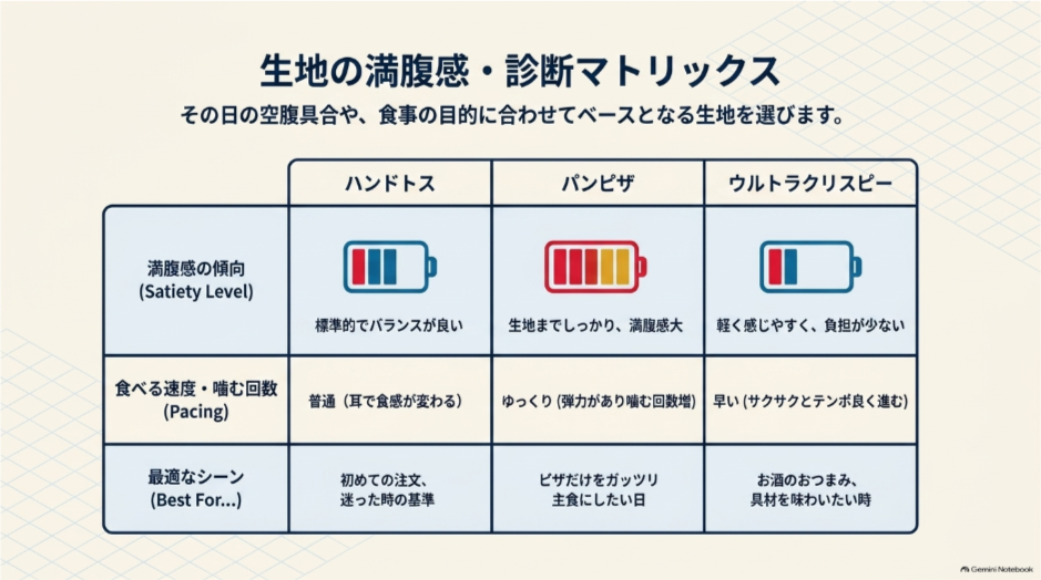 ハンドトス、パンピザ、ウルトラクリスピーの満腹感、食べる速さ、適した食事場面を比較した一覧表