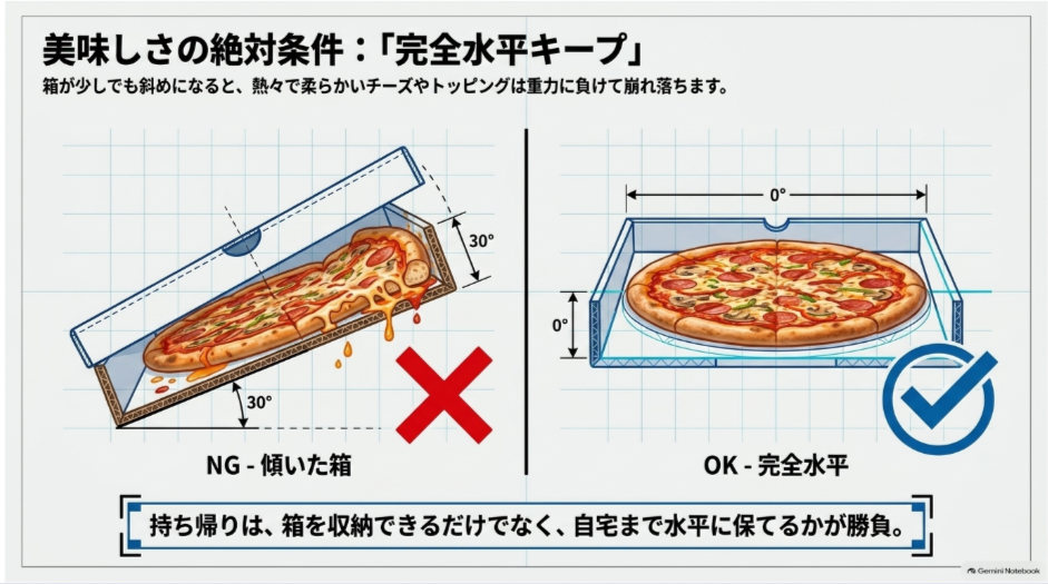 傾いた箱ではピザのチーズやトッピングが片側へ寄り、水平な箱ではきれいな状態を保てることを示す比較図