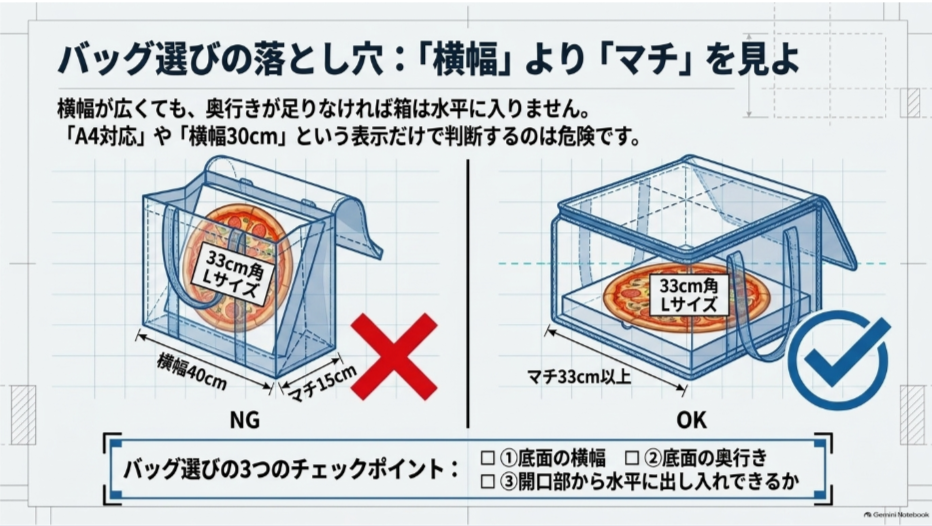 横幅40cmでもマチ15cmのバッグにはLサイズ箱を水平収納できず、底面33cm四方以上が必要なことを示す比較図