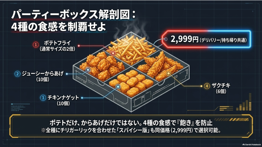 ドミノ・ピザのほぼ1kgパーティーボックスに入るポテトフライ、ジューシーからあげ、チキンナゲット、ザクチキの内容と価格を示した図