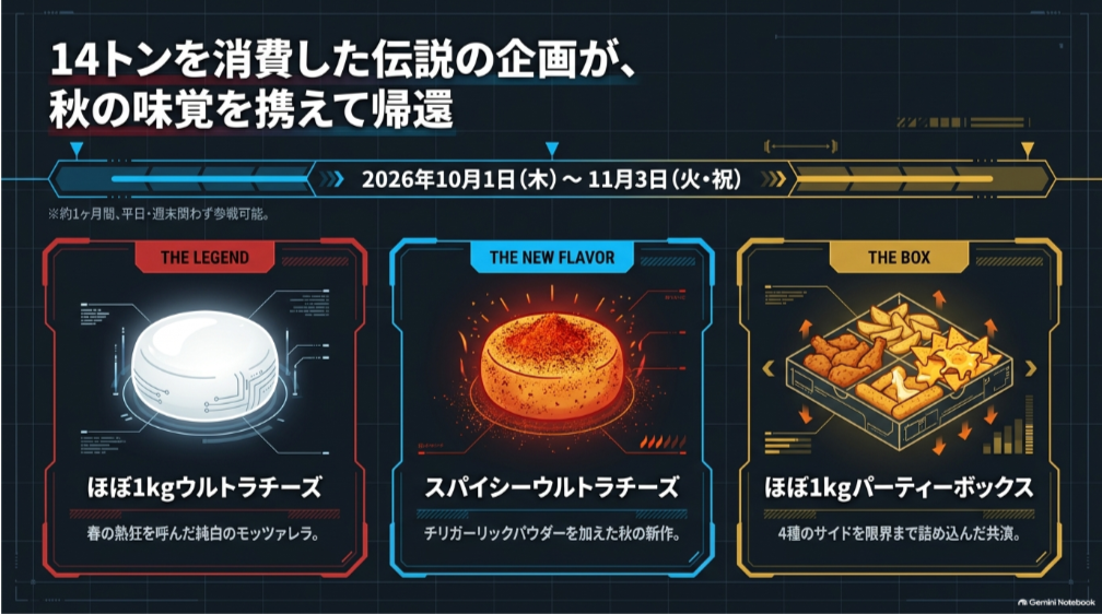 2026年10月1日から11月3日まで開催されるドミノデカ盛り祭 秋の陣と、ウルトラチーズ、スパイシーウルトラチーズ、ほぼ1kgパーティーボックスを紹介する図