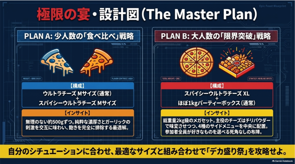 少人数向けのウルトラチーズ通常版とスパイシー版の食べ比べ、大人数向けのXLとほぼ1kgパーティーボックスの組み合わせを示した注文プラン