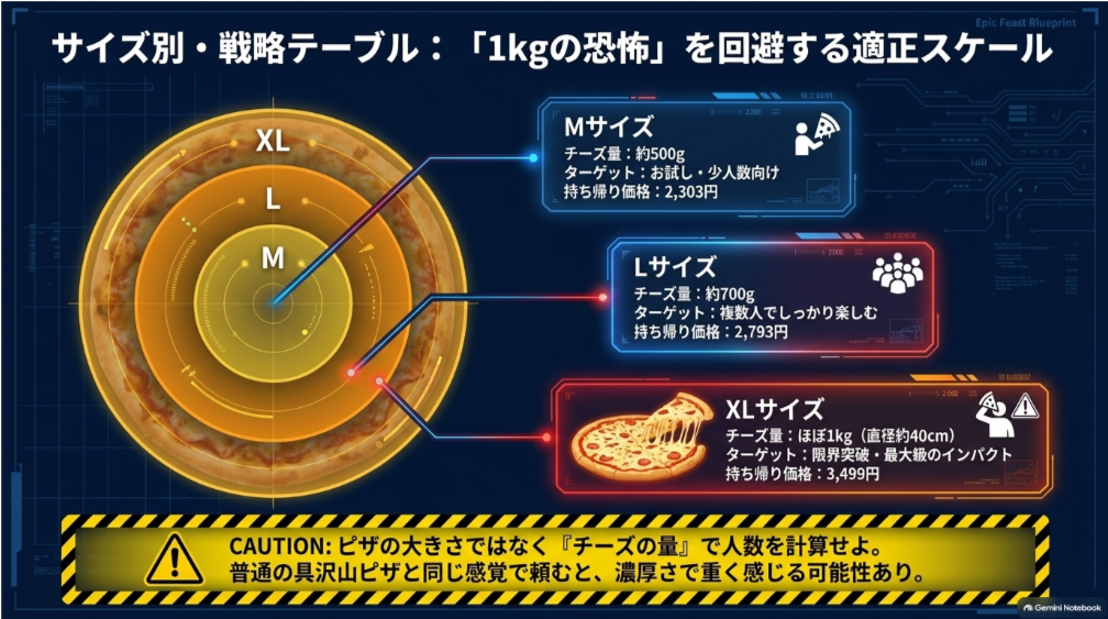 ウルトラチーズM・L・XLのチーズ量、持ち帰り価格、向いている人数や選び方を比較した図