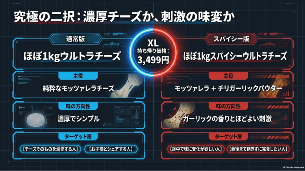 ほぼ1kgウルトラチーズ通常版とスパイシー版について、味の方向性、主役となる素材、向いている人、持ち帰り価格を比較した図
