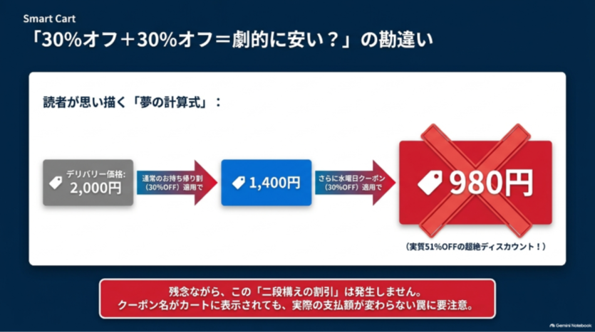 2,000円のピザが持ち帰り30％オフ後に水曜日クーポンで980円になるという誤った計算例