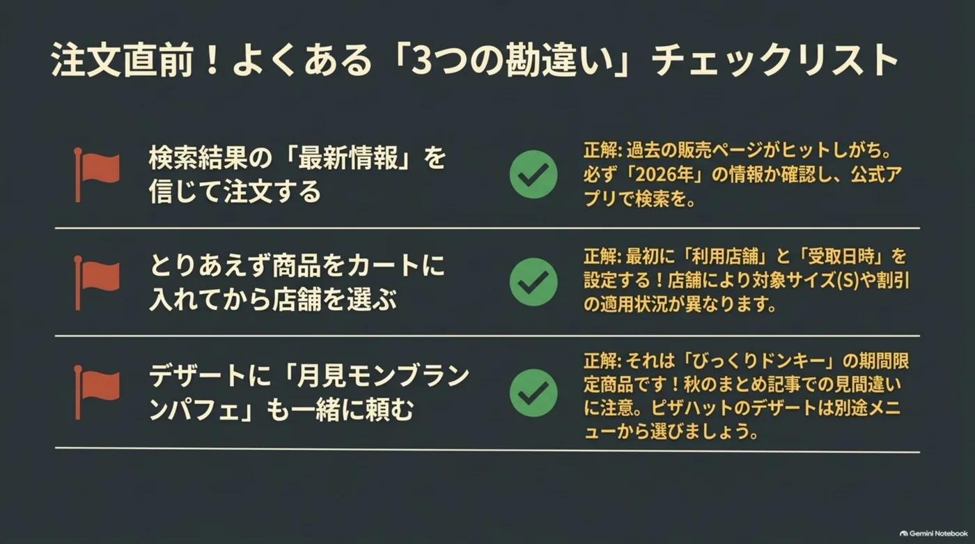 販売年の確認、利用店舗と受取日時の先行設定、月見モンブランパフェは別チェーンの商品であることを示す注文前の確認リスト