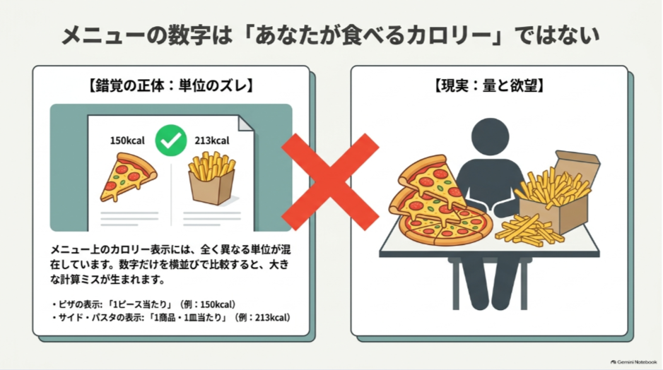 ピザ1ピースとポテト1箱では表示単位が異なり実際に食べる量でカロリーが変わることを示した図