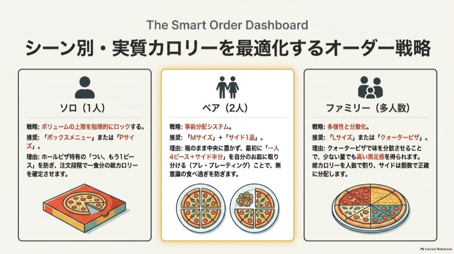 一人、二人、家族で注文するときのピザサイズとサイドメニューの選び方をまとめた図