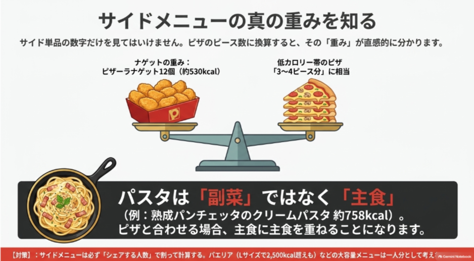 ナゲットと低カロリーのピザを比較しパスタは副菜ではなく主食として考えることを示した図
