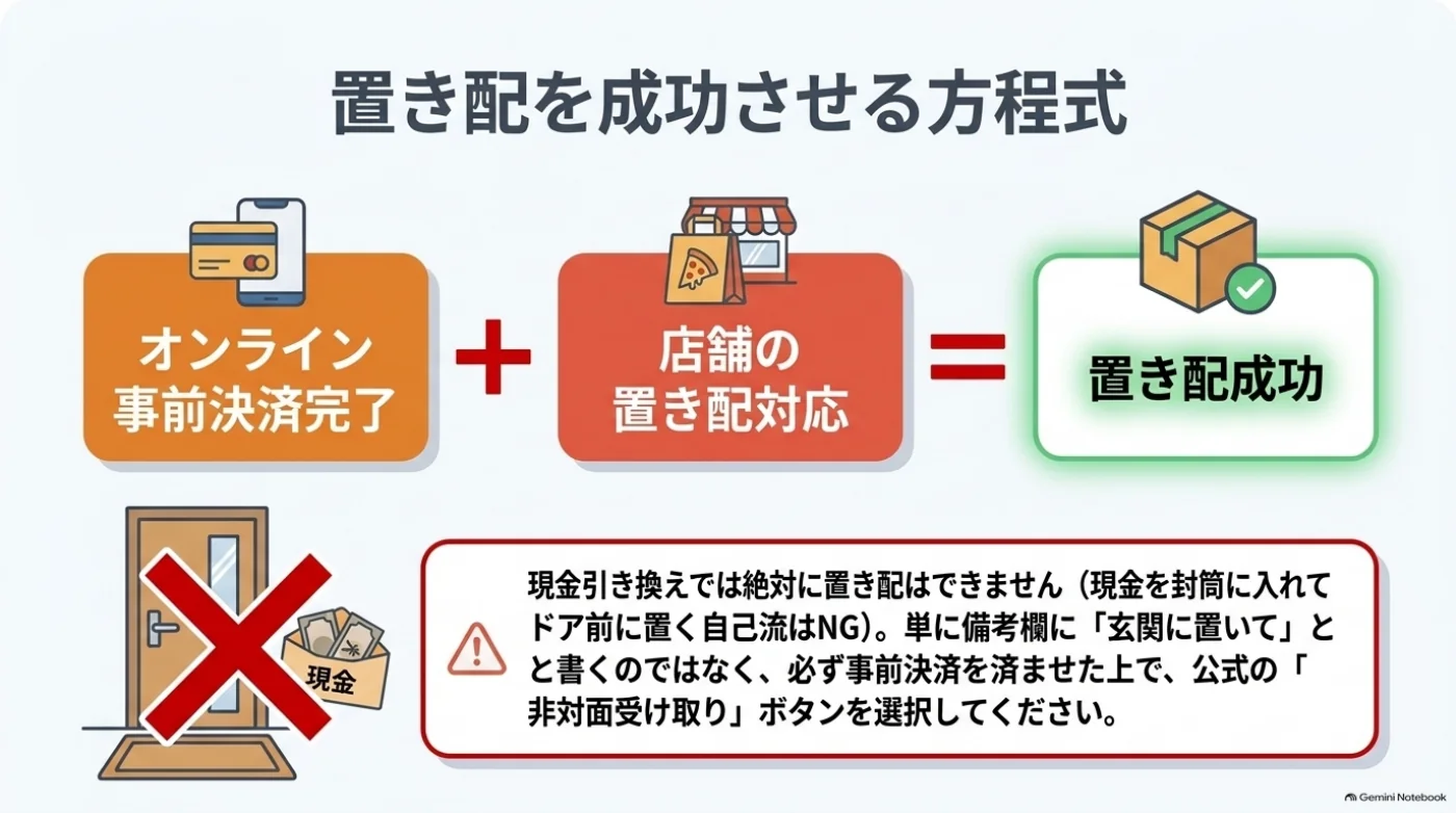 宅配ピザの置き配にはオンライン事前決済と店舗の置き配対応の両方が必要。現金を玄関に置く方法は避け、正式な受け取り方法を選択する。